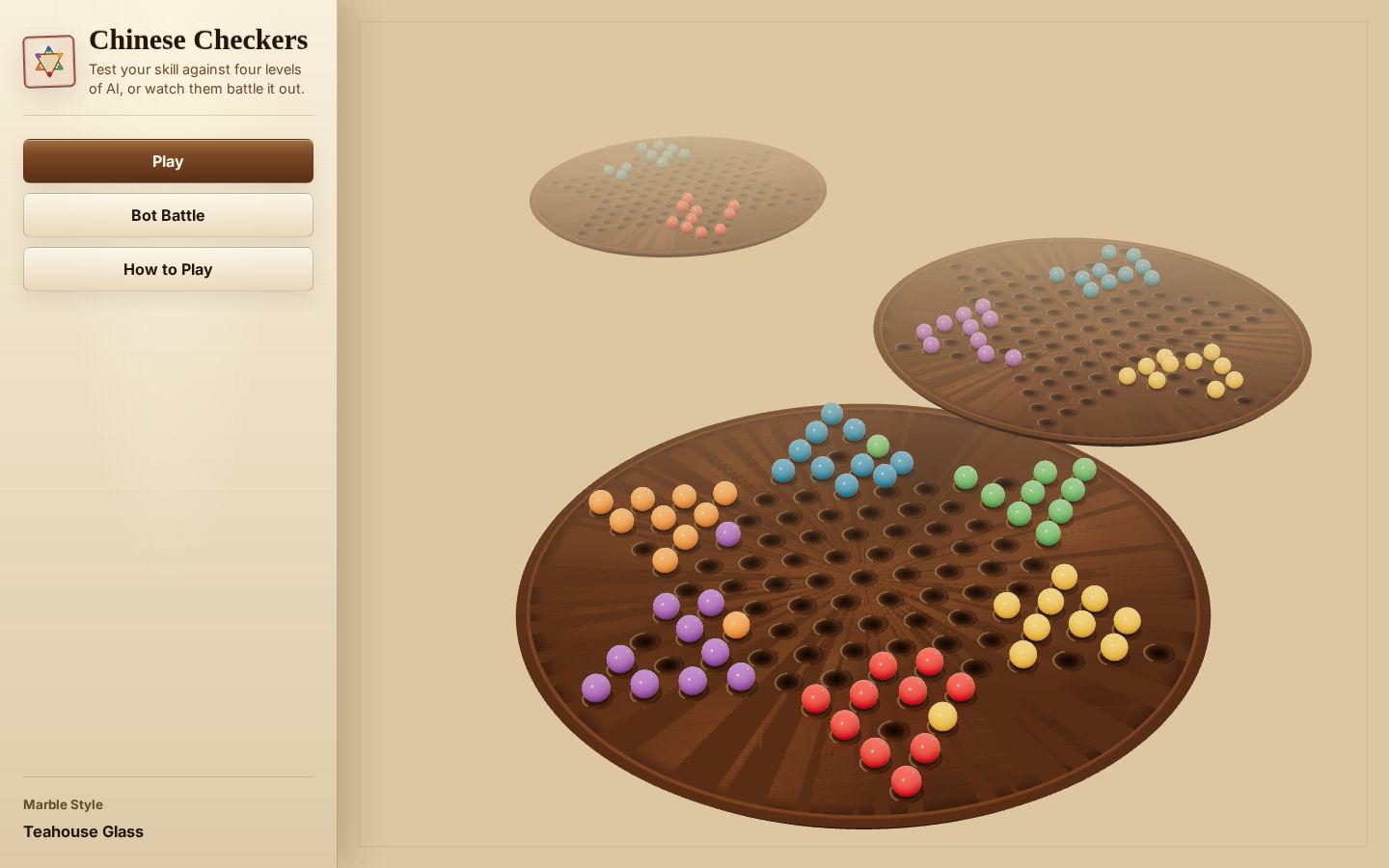 The Chinese Checkers lobby, with wooden boards and glass marbles in the teahouse theme