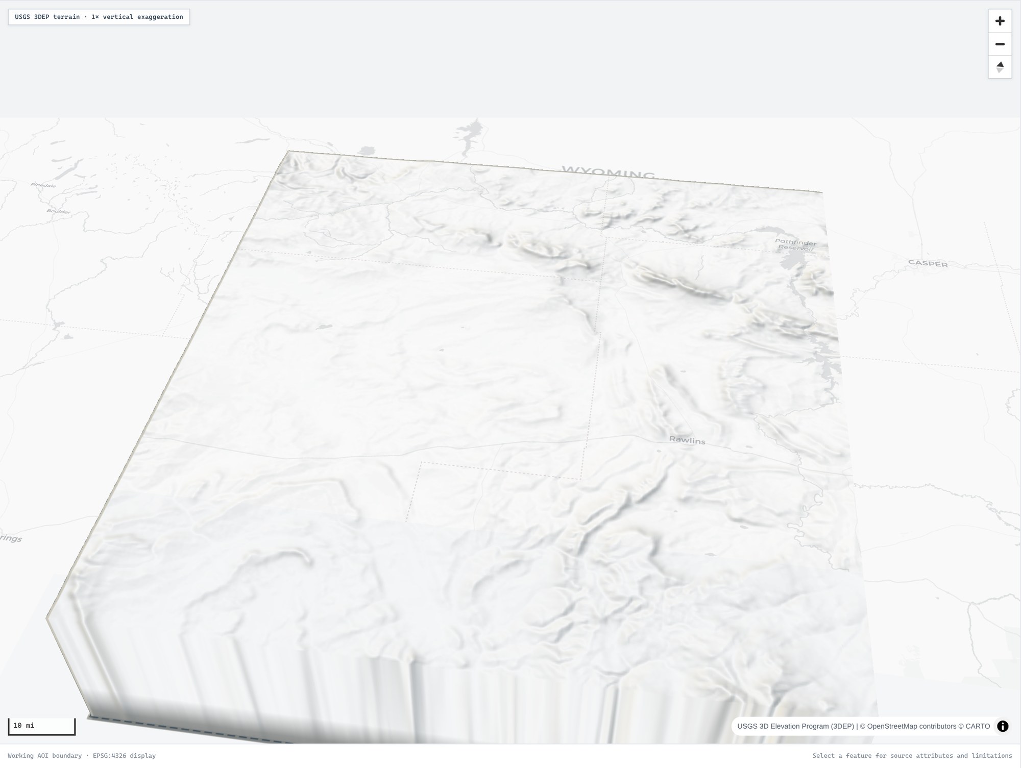 The evidence stack draped over USGS 3DEP terrain at 1x vertical exaggeration.