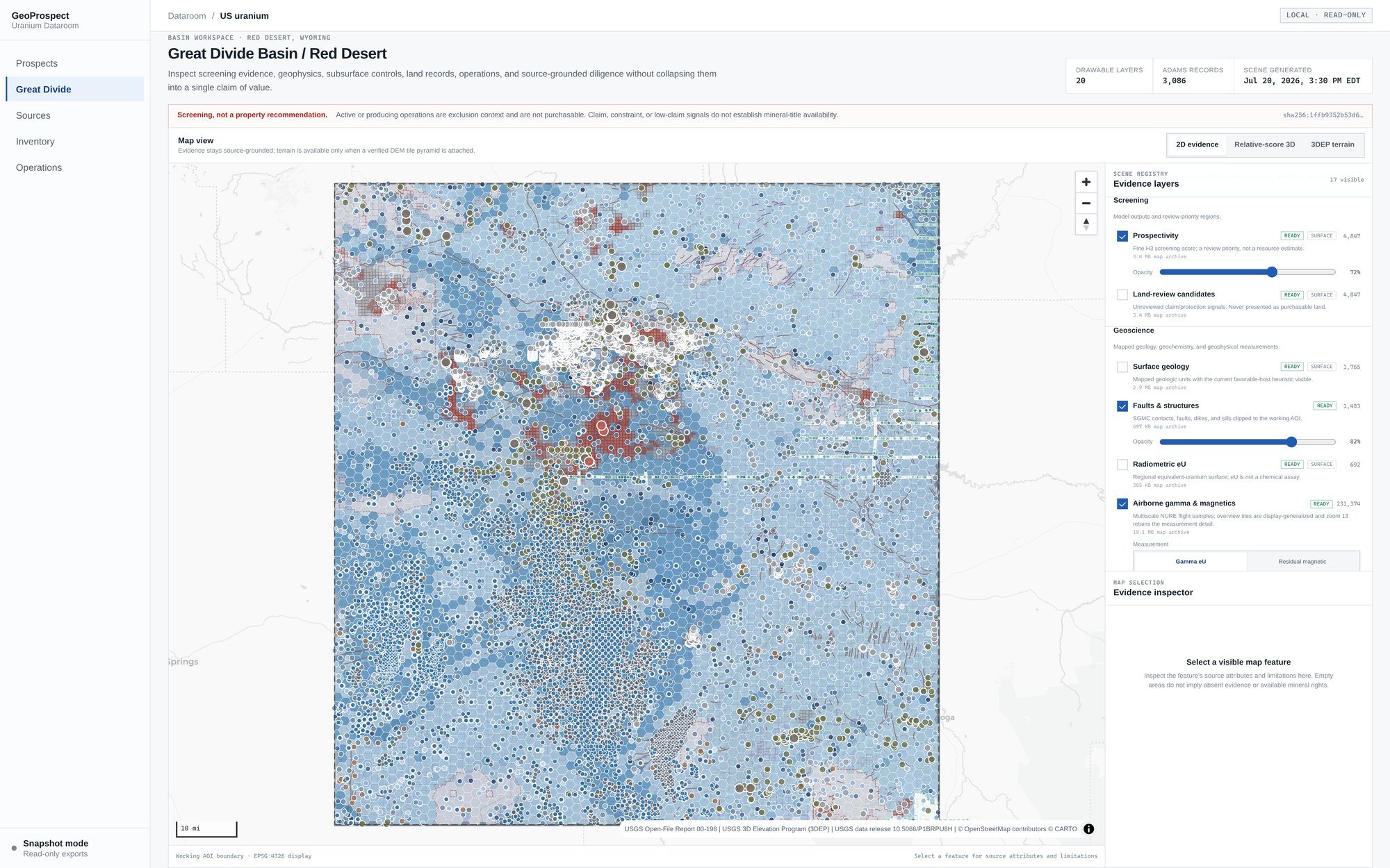 The full basin workspace: map, layer registry, and the evidence inspector that renders a selected feature’s source attributes.